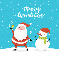 Christmas greeting card design with cartoon Santa Claus and snowman character, hand drawn design elements, lettering qoute Merry Christmas.