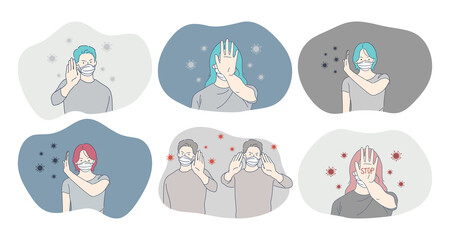 Danger or coronavirus infection, protection, facial mask, epidemic, pandemic, outbreak concept. People in medical protective masks showing risks of spreading corona infection preventing bacteria flow