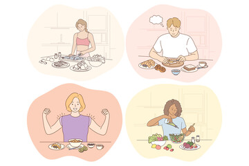 Healthy food, clean eating, diet, weight loss, nutrition, ingredients concept. Young positive people men and women cartoon characters eating healthy meals living healthy lifestyle. Wellness, bodycare 