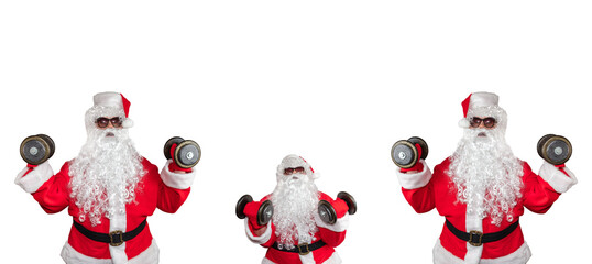 Three Santa Clauses working out, pushing and lifting dumbbells up in the air. One of them is very...