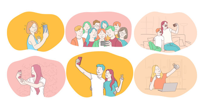 Selfie, smartphone, photograph vector illustration. Smiling people friends couple teens family making selfie on smartphone. Lifestyle, photo, shot, sharing, stories, online, mobile