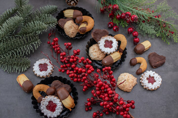 Traditional home made German Christmas Cookies on a festive table