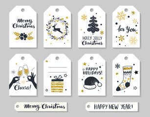 Christmas and New Year gif tags.  Set of printable hand drawn holiday labels. Vector badge design in black white and gold.