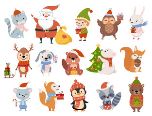 Cute Christmas animals, cartoon characters with gifts. Winter Holiday illustration. Perfect for greeting cards.