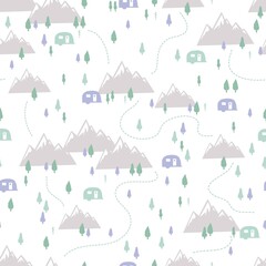 Camper Van and Mountain Adventure Vector Illustration Seamless Pattern