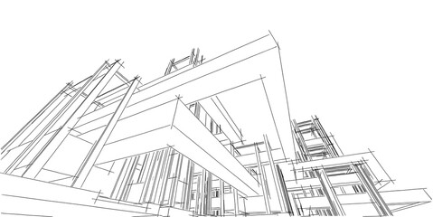 Obraz premium House building sketch architecture 3d wireframe illustration, Modern architectural perspective line