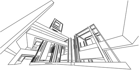 House building sketch architecture 3d wireframe illustration, Modern architectural perspective line