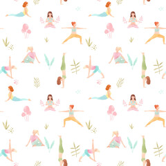 Beautiful vector seamless pattern with watercolor cute yoga girls. Stock illustration.