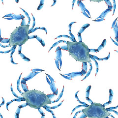 Beautiful vector seamless underwater pattern with watercolor blue crabs. Stock illustration.
