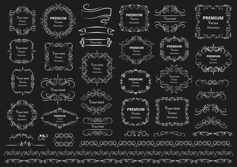 Calligraphic design elements . Decorative swirls or scrolls, vintage frames , flourishes, labels and dividers. Retro vector illustration.