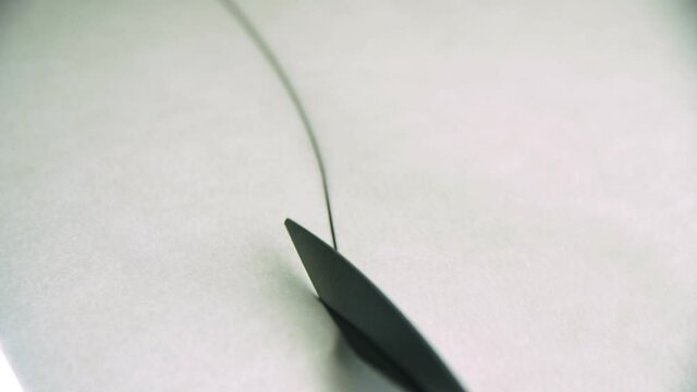Dressmaker cuts paper sewing pattern in processing workshop