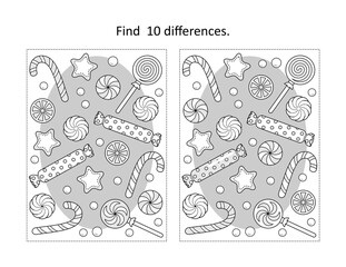 Find 10 differences visual puzzle and coloring page with winter holidays, New Year or Christmas candy and cookies 
