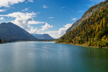 Sylvenstein reservoir lake in autumn, Bad Toelz, Bavaria, Germany, Europe