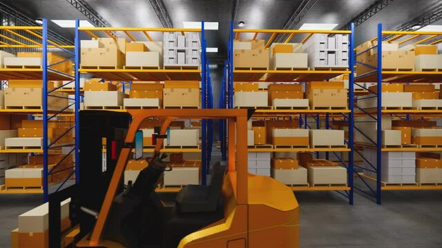 Warehouse with cardboard boxes inside on pallets racks, logistic center. Loft modern warehouse. Cardboard boxes on a conveyor belt in a warehouse, 4K 3D rendering  animation .
