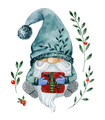 Christmas gnome with a gift in his hands and a large green hat. A set of thin twigs with berries and a gnome. Watercolor illustration.