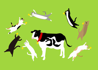 可愛い猫ちゃんがベルを鳴らし丑年を祝う新年　年賀状
