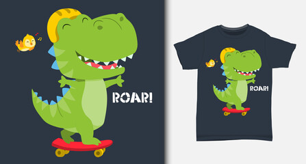 Cute dinosaur playing skateboard.  With t-shirt design.