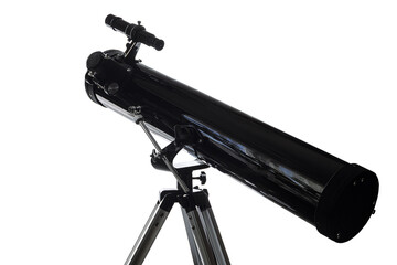 Black mirror telescope on tripod. Reflector with optical tube of Newtonian system on azimuth mount....