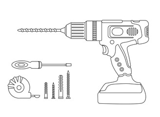 A set of construction tools. Drilling machine, drill, screwdriver, self-tapping screw, dowel, tape measure. Power tool, perforator. Fastening element. Picture for coloring. Outline.