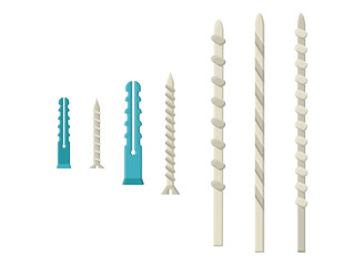 Set of screws and dowels isolated on a white background. Flat style. Fastening element. Fastener. Drill bits