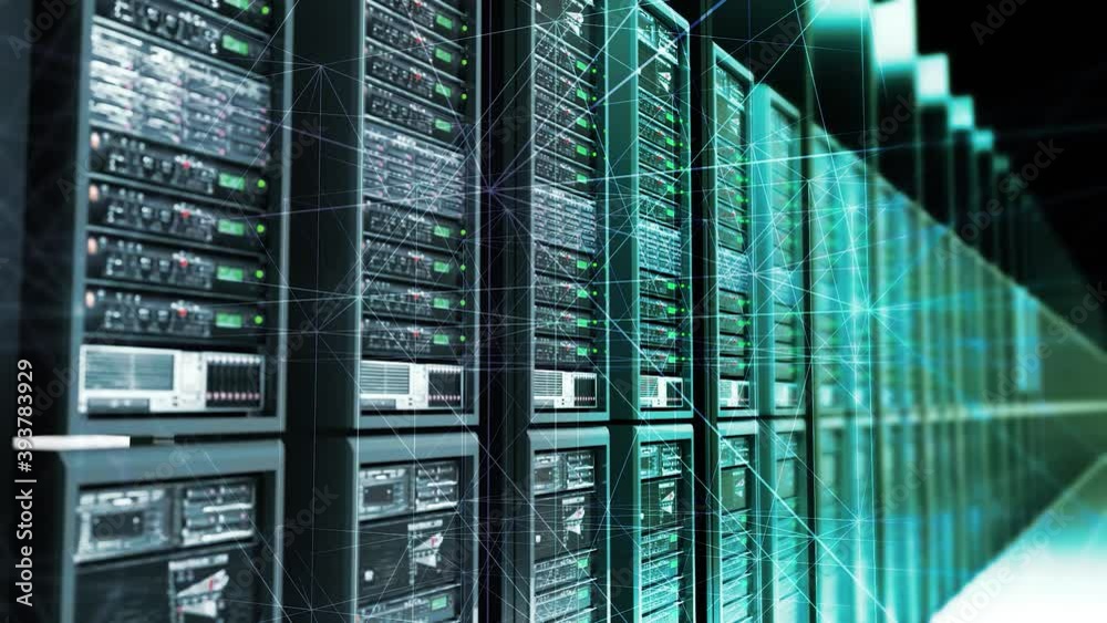 Poster digital data server with plexus elements in dark room analysing digital data 4k