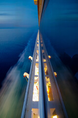 Dream holiday or vacation on luxury cruiseship or cruise ship liner at sea with sunset, sunrise or...