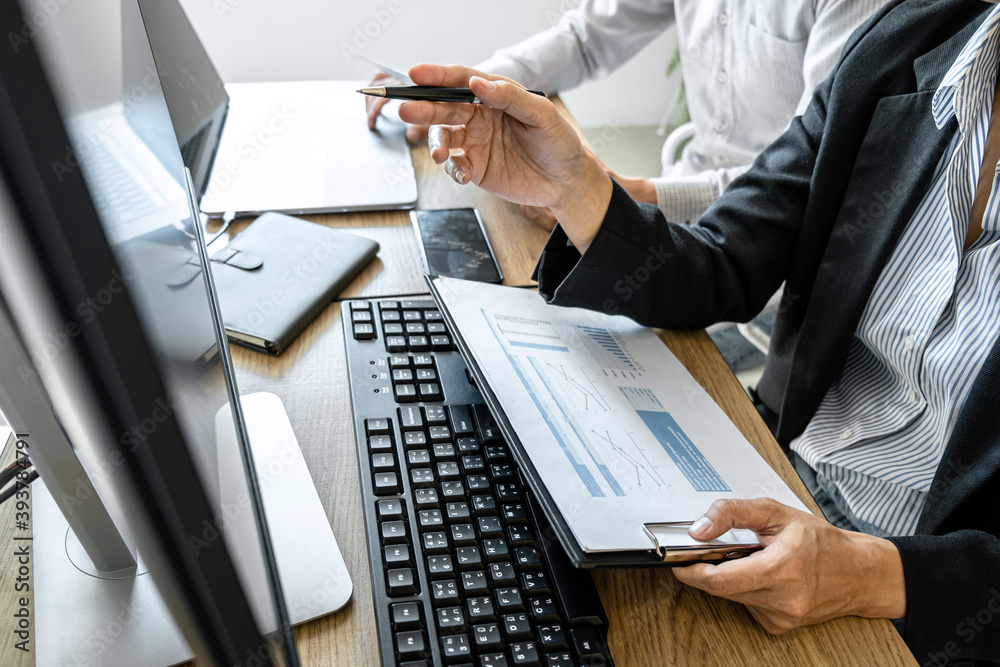 Poster business team investment working with computer, planning and analyzing graph stock market trading wi