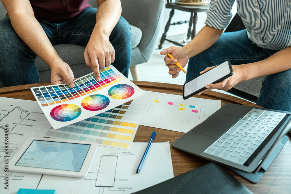 Poster team of creative web/graphic designer planning, drawing website ux app for mobile phone application 