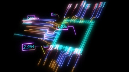 Futuristic digital intelligent twisted light photon high speed chip and score board data processing technology full power and energy cell moving around - Powered by Adobe