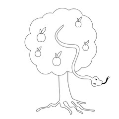 Black and white vector cartoon illustration of an apple tree with apples for coloring.