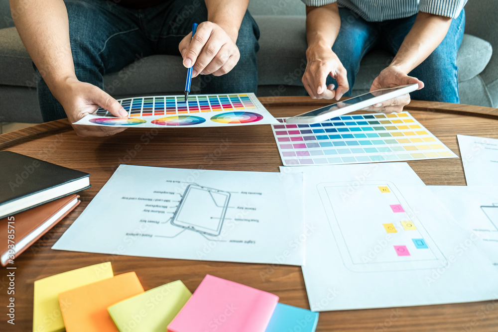 Wall mural professional creative team of web/graphic designer planning, drawing website ux app for mobile phone