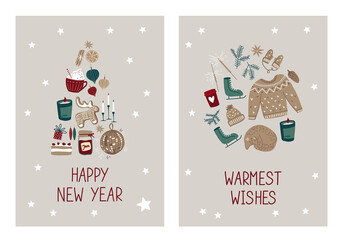 Collection of cute greeting cards or poster for happy New year. Holiday symbols: clothes, gingerbread cookies, candles, gift, candy. Scandinavian style hand drawing.