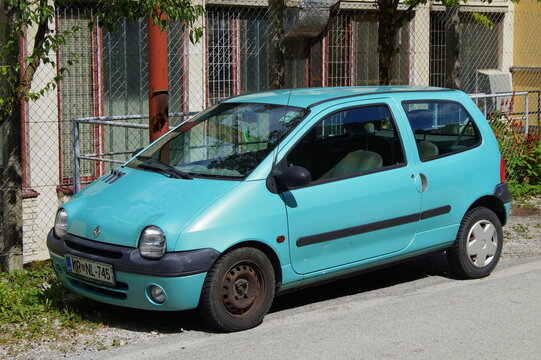 Skofja Loka, Slovenia - August 7, 2017: Renault Twingo parked on a public parking lot in the city of Skofje Loka. Nobody in de vehicle.