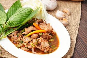Thai foods spicy grilled pork neck salad