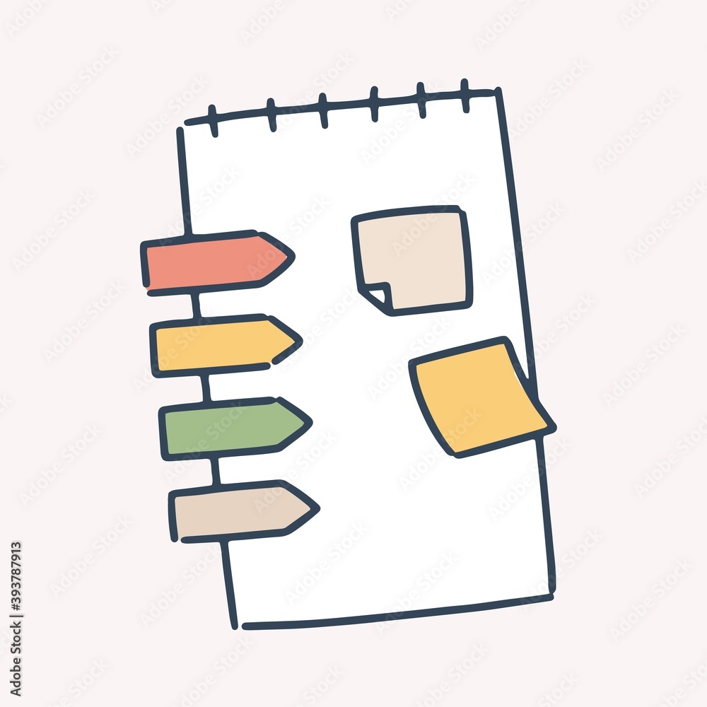Poster Notebook or planner page with stickers isolated on white background. Simple blank note paper for organizer with reminders. Office stationery, memo pad page. Vector illustration in flat style