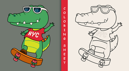 Obraz premium Cool crocodile playing skateboard.