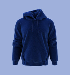 Fleece hooded sweatshirt mockup for print, isolated on blue background, 3d rendering, 3d illustration