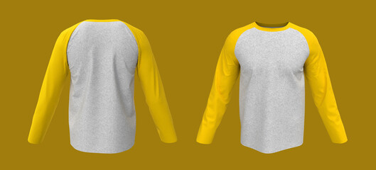 Blank raglan sweatshirt mock up in front, and back views, isolated on yellow, 3d rendering, 3d illustration