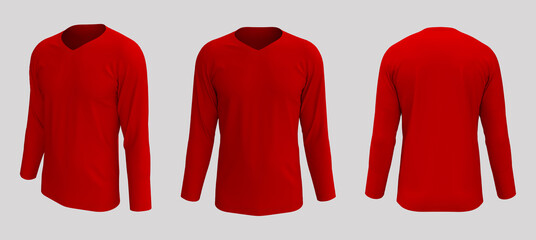 men's long sleeve t-shirt mockup in front, side and back views, design presentation for print, 3d illustration, 3d rendering