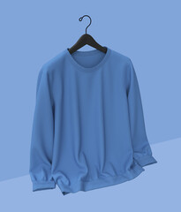 Blank sweatshirt mock up in front view, isolated on blue, 3d rendering, 3d illustration