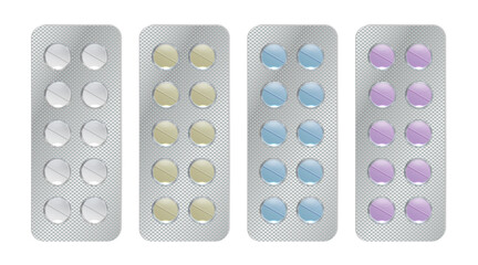 Pharmaceutical  blister pack isolated on transparent background. 3D illustration pill blisters set. 