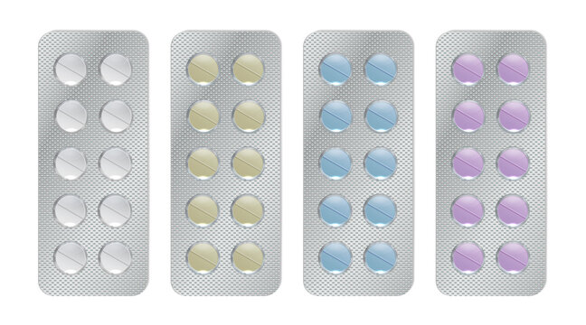 Pharmaceutical  blister pack isolated on transparent background. 3D illustration pill blisters set. 