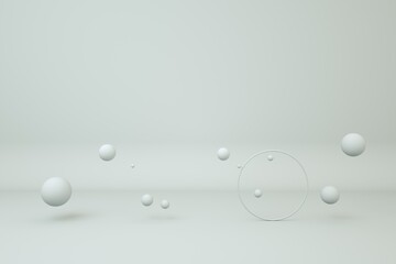 Many flying white spheres and circle ring frame on white background.3d rendering.