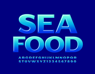 Vector creative emblem Sea Food. Gradient Blue Font. Bright glossy Alphabet Letters and Numbers set