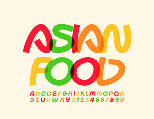 Vector creative template Asian Food. Colorful artistic Font. Bright Alphabet Letters and Numbers set