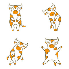 Set of cute sleeping bulls in various poses in cartoon hand drawn doodle style. Seamless pattern with cows. Vector illustration