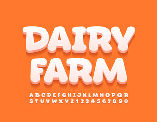 Vector modern banner Dairy Farm. White 3D Font. Cute Alphabet Letters and Numbers set
