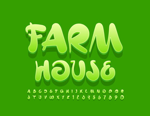 Vector green logo Farm House. Creative modern Font. Artistic Alphabet Letters and Numbers set
