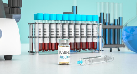 Vaccine for Covid-19  in labolatory. Medication for coronavirus in bottles. Treatment for coronavirus made in lab. 