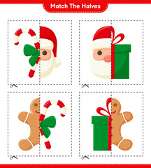 Match the halves. Match halves of Christmas Decoration. Educational children game, printable worksheet, vector illustration
